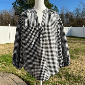 Black and White Gingham Balloon Long Sleeve Blouse Size Medium